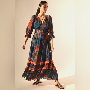 Farm Rio for Anthropologie puff sleeve check long sleeve maxi dress